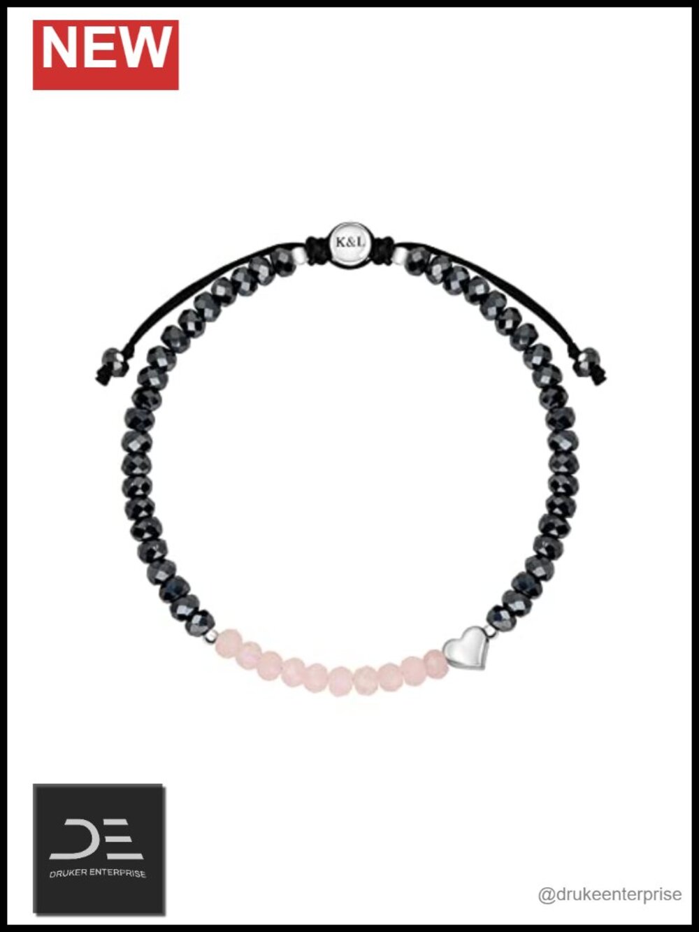 925 Sterling Silver Adjustable Charm Bracelet Rose Quartz Hematite Handmade